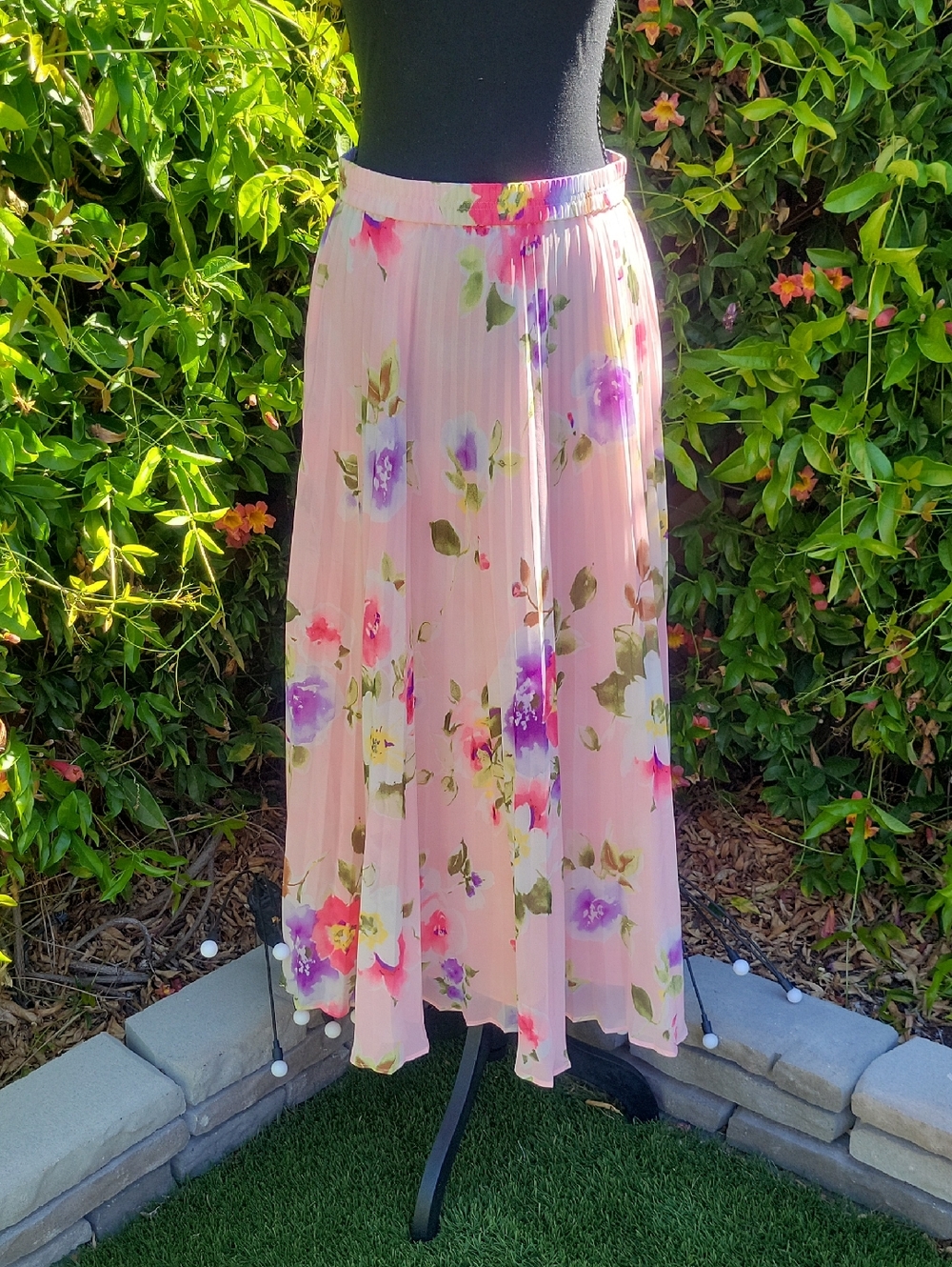 Pink Floral Pleated Maxi Skirt Boho Romantic Flowy S